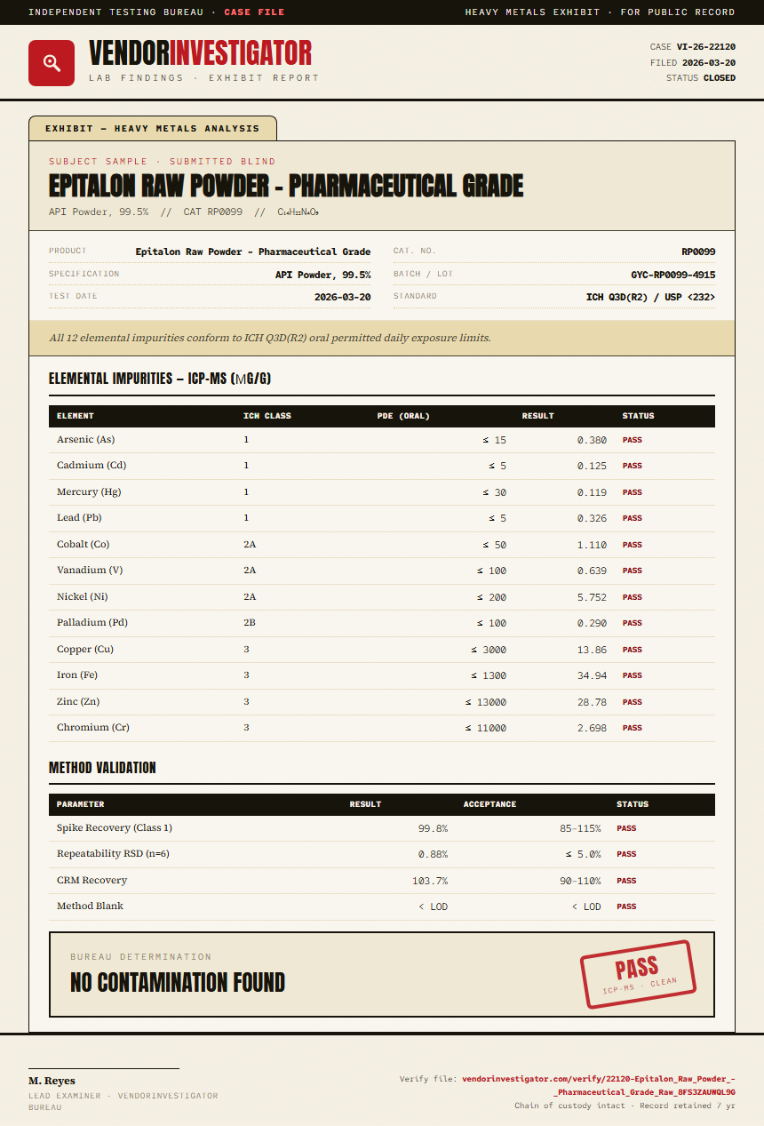 Epitalon Raw Powder - Pharmaceutical Grade Heavy Metals report by VendorInvestigator