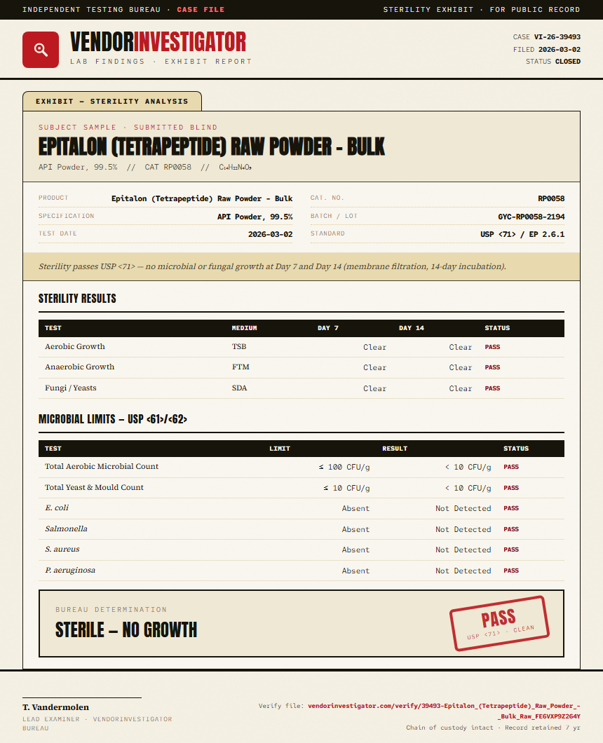 Epitalon (Tetrapeptide) Raw Powder - Bulk Sterility report by VendorInvestigator