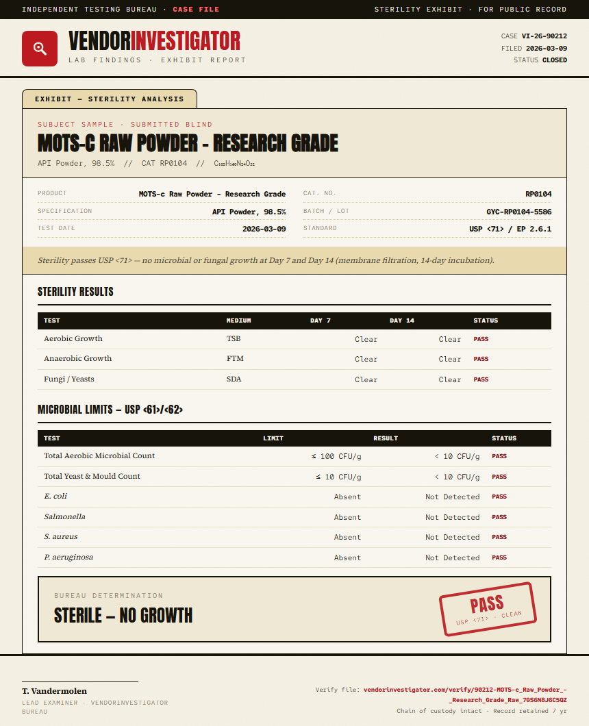 MOTS-c Raw Powder - Research Grade Sterility report by VendorInvestigator