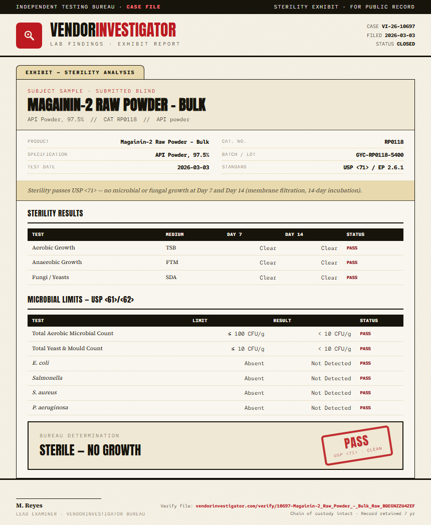 Magainin-2 Raw Powder - Bulk Sterility report by VendorInvestigator