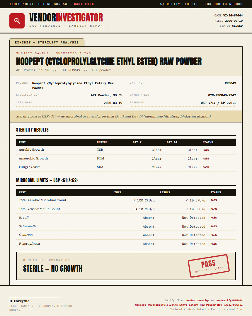 Noopept (Cycloprolylglycine Ethyl Ester) Raw Powder Sterility report by VendorInvestigator