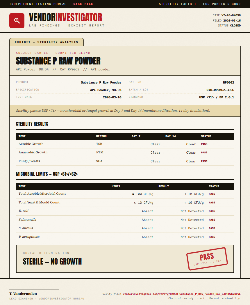 Substance P Raw Powder Sterility report by VendorInvestigator